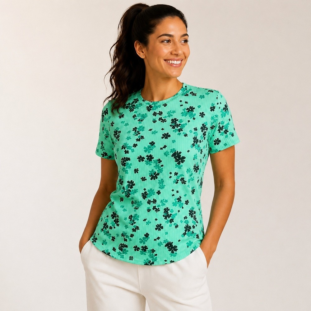 NWT EleVen Venus Williams S‎ Mint Floral Ribbed Tennis Athletic Short Sleeve Top